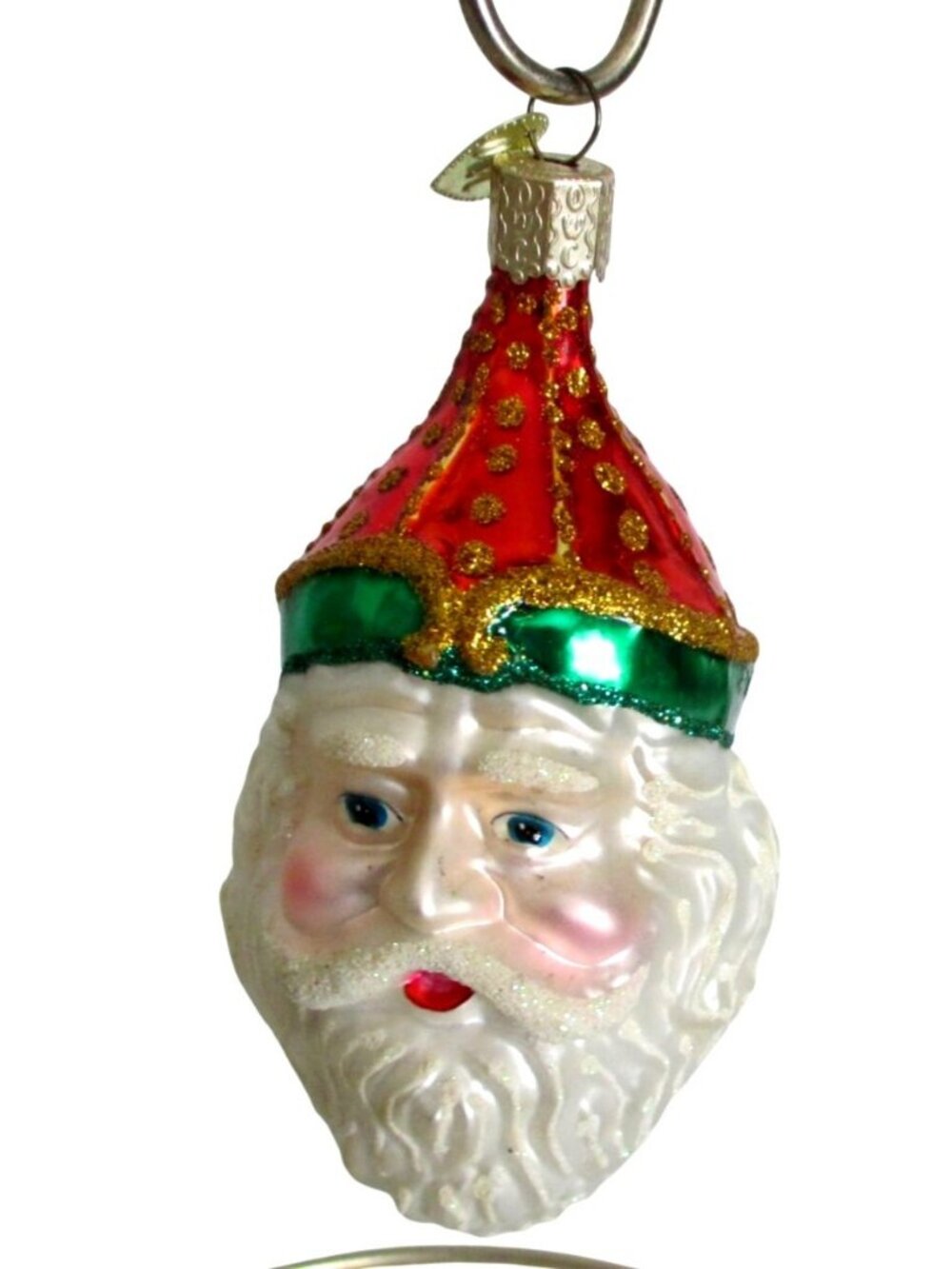 Santa Claus Face Glass Christmas Ornament With Red Hat Vintage OWC 4.5"